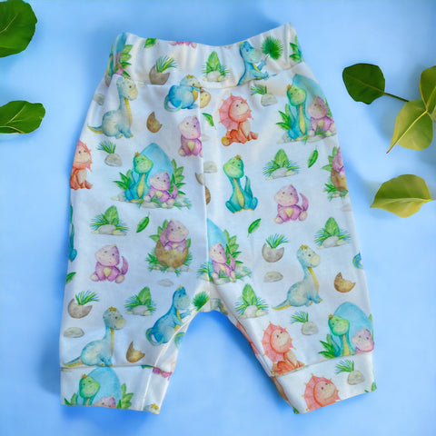 Handgemaakt babybroekje met dino print. In dezelfde print is ook een korte broek en een rokje verkrijgbaar. Het broekje wordt gemaakt in de maten 50 tm 68. Leuk om als kraamcadeau weg te geven, zeker met een bijpassende gepersonaliseerde romper.