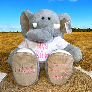 Geboorteknuffel olifant Luka met geborduurde voetjes en t shirt