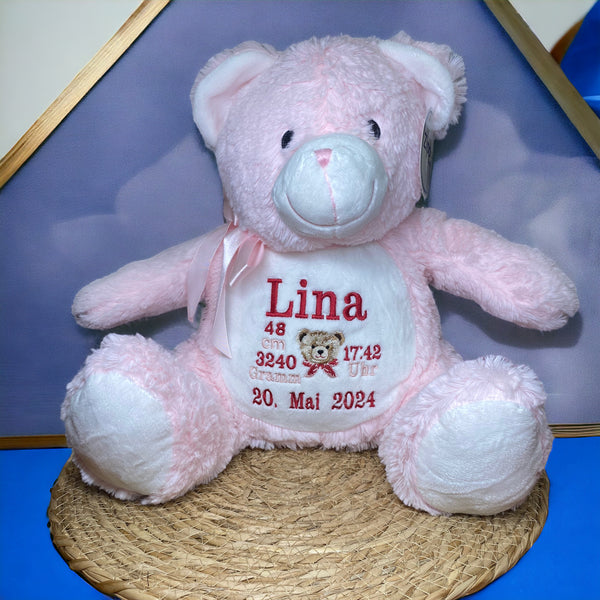 Roze geboorteknuffel gepersonaliseerd met geborduurde naam, geboortedatum en geboortegewicht