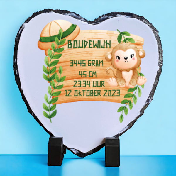 Keramiek tegeltje bedrukt met een aapje. Op het bord worden de naam en de geboortegegevens van de baby bedrukt. De tegel van 15 cm * 15 cm is ook verkrijgbaar in leisteen of een leisteen hart. Super als kraamcadeautje.