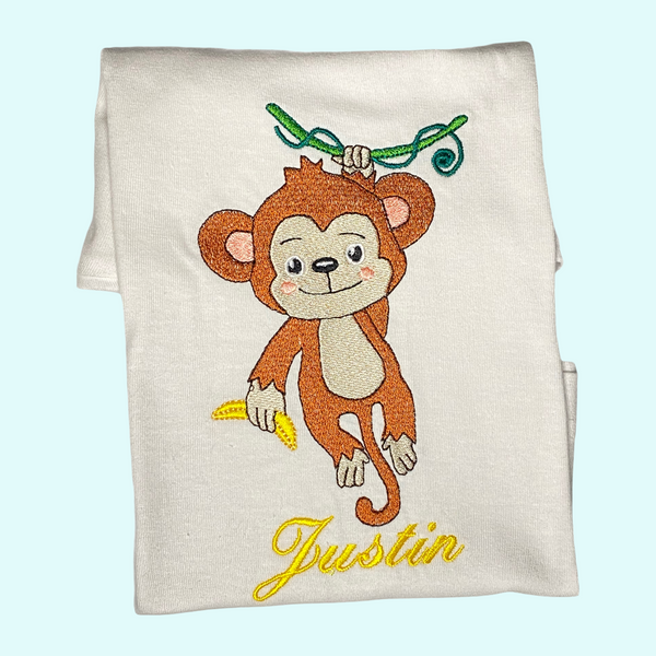 Kindershirt met geborduurde naam en een schattig aapje. Een leuk shirt voor alle apenkoppen onder de kinderen. Uw kind zal zich apentrots voelen in dit te leuke gepersonaliseerde apenshirt.