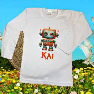 Kindershirt met rode robot en gepersonaliseerde naam, ideaal voor jonge robotliefhebbers