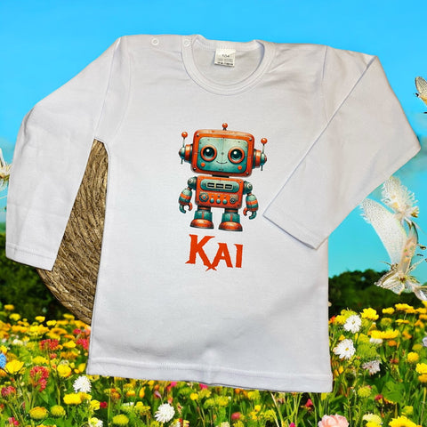 Kindershirt met rode robot en gepersonaliseerde naam, ideaal voor jonge robotliefhebbers