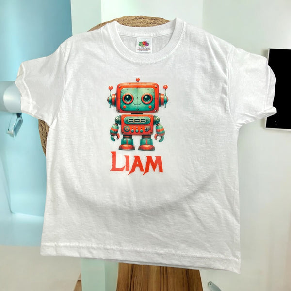 Kindershirt met rode robot en gepersonaliseerde naam, ideaal voor jonge robotliefhebbers