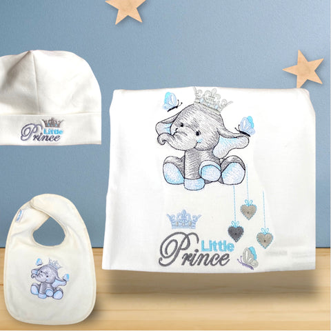 Deze leuke set bestaat uit een handgemaakt baby mutsje met de tekst little prince,  een baby rompertje met geborduurde olifant en de tekst little prince. Om de set compleet te maken  is er ook nog een handgemaakt slabbetje met hetzelfde geborduurde. olifantje als op het baby rompertje. Een leuk en origineel kraamcadeautje.