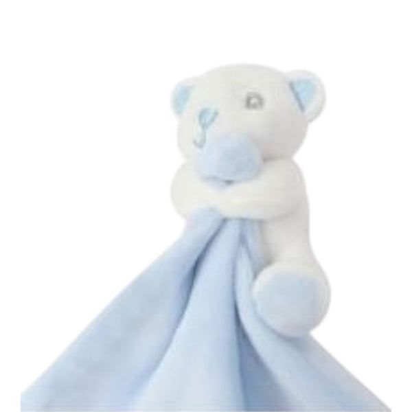 Lief pluche beertje met een gepersonaliseerde blauwe deken, geborduurd met naam en geboortedatum – perfect kraamcadeau