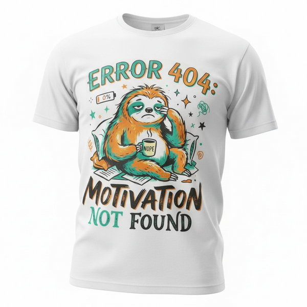 Grappig unisex T-shirt voor volwassenen met een vermoeide luiaard, de tekst "Error 404: Motivation Not Found" en een koffiemok met "NOPE", humoristisch design van SaZuDesigns.
