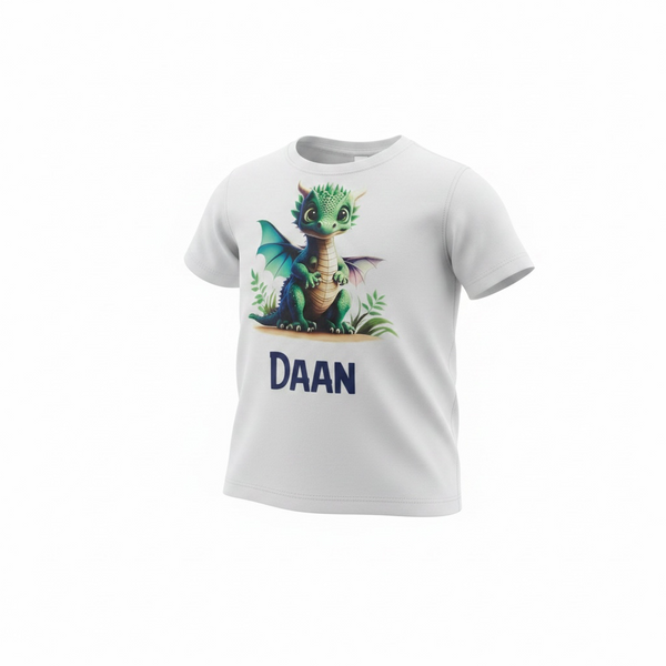 Bedrukt kindershirt met schattige groene draak en naam. Uniek gepersonaliseerd kinder T-shirt met kleurrijke drakenprint voor jongens en meisjes.