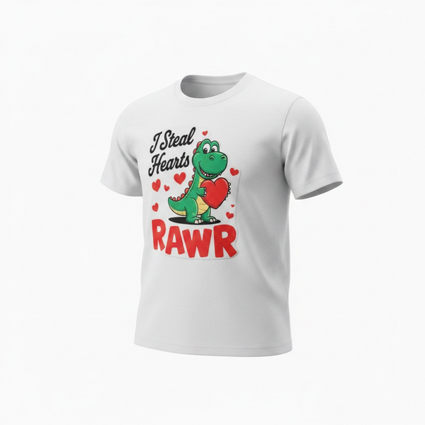 Leuk kindershirt met groene dinosaurus die een rood hart vasthoudt en de tekst "I Steal Hearts RAWR".
