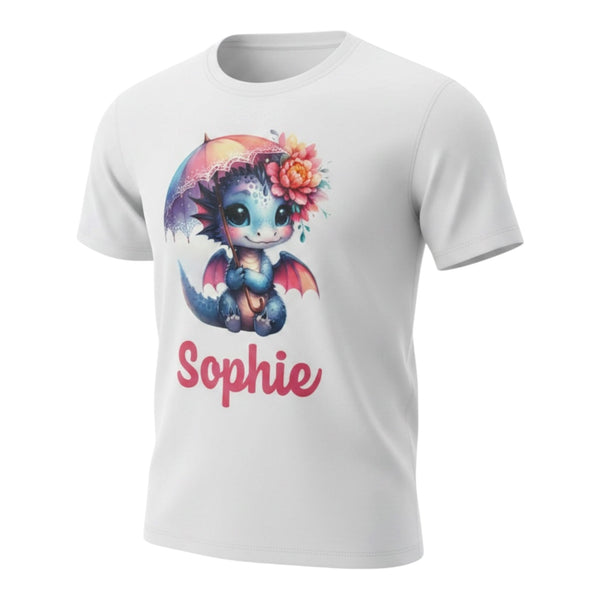 Gepersonaliseerd kinder T-shirt bedrukt met een draakje onder een parasol