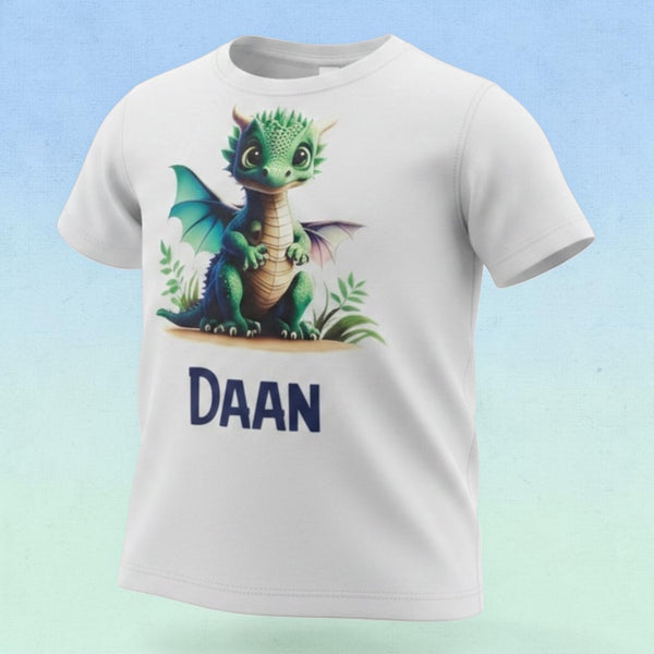 Bedrukt kindershirt met schattige groene draak en naam. Uniek gepersonaliseerd kinder T-shirt met kleurrijke drakenprint voor jongens en meisjes.