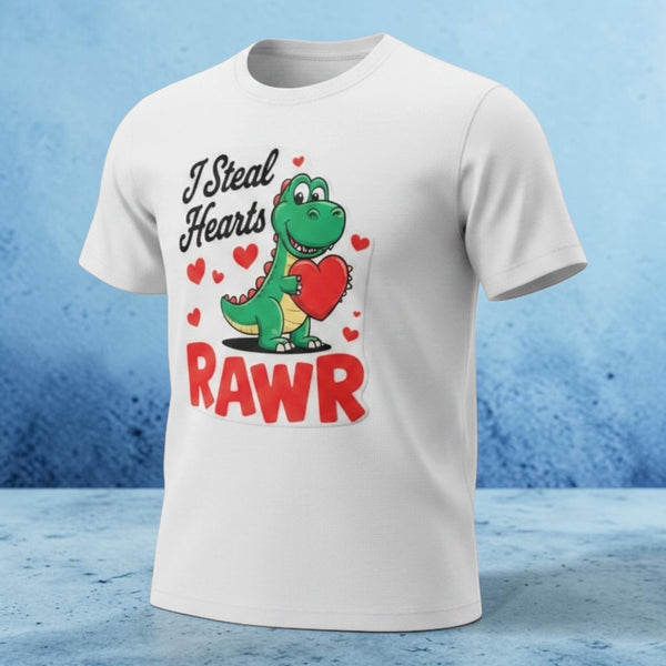 Leuk kindershirt met groene dinosaurus die een rood hart vasthoudt en de tekst "I Steal Hearts RAWR".