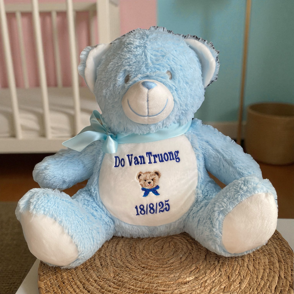 Birth cuddly toy with name and/or date of birth, Mumbles Zippie, New Baby Blue Bear