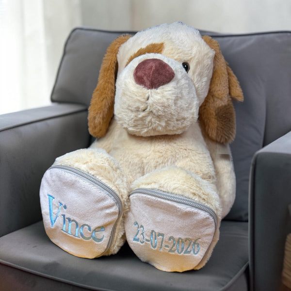 Funnies Sole Mates hond met lange oren en naam op de voetjes