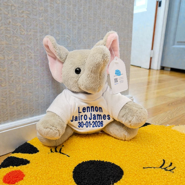 Deze 15 cm hoge olifant wordt voorzien van een los T-shirt waarop de naam van de baby en eventueel de geboortedatum van de baby wordt geborduurd. Hierdoor wordt het een uniek kraamcadeautje. Ook leuk met een van onze olifanten rompertjes met naam.