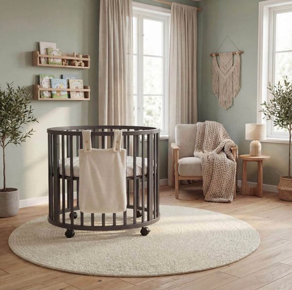 Teddy box opbergzak van SaZuDesigns in beige teddy stof, gepersonaliseerd met naam om te bevestigen aan een babybox.