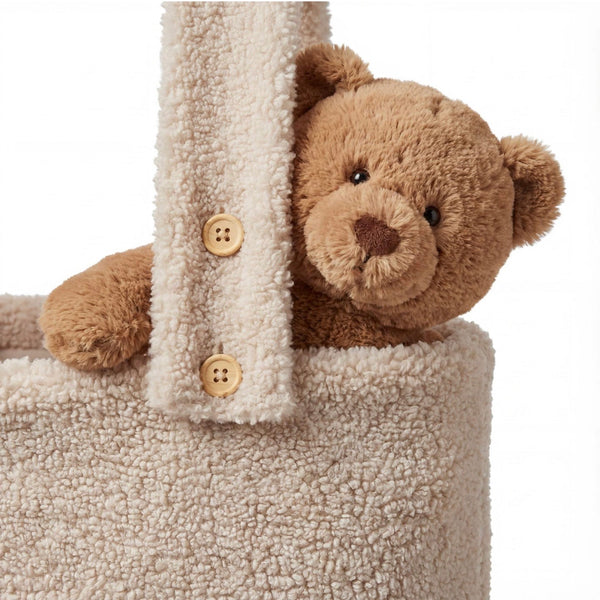 Teddy box opbergzak van SaZuDesigns in beige teddy stof, gepersonaliseerd met naam om te bevestigen aan een babybox.