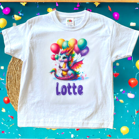Verjaardagshirt met naam, Draak met ballonnen (J/M)
